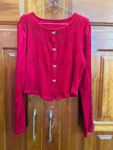 Chic Red Pleated Button-Up Top