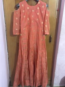 Peach Cold Shoulder Dress with Gold Geometric Prin