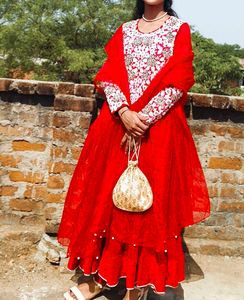 Red Embroidered Kurta Set