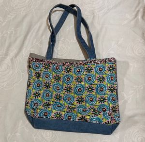thrifted Boho Beaded Denim Tote Bag