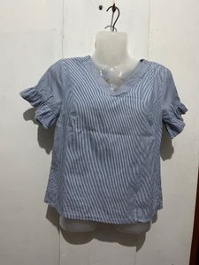 Striped V-Neck Ruffle Sleeve Top