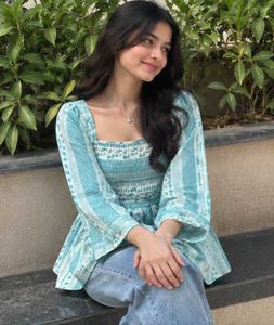 Chic Teal &amp; White Printed Peplum Top