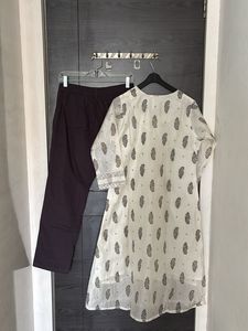 White Printed Kurta with Grey Pants