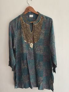 Embellished Teal Printed Kurta