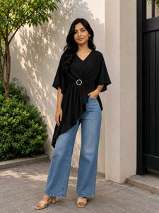 Stylish Black Kaftan Top with Ring Detail