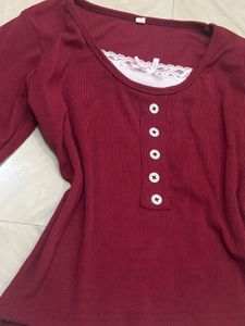 Maroon Henley Top with Lace Trim