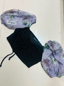 Chic Black Top with Floral Puff Sleeves