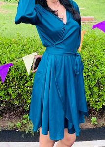 Elegant Teal Flowy Wrap  Dress