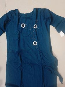 Blue And White Kurti Cheed Moti Work