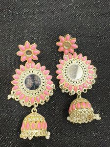 Pink Jhumka Earrings with Mirror