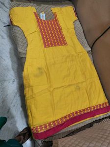 Yellow Embroidered Kurta with Pink Border