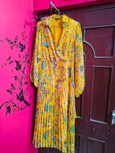 Yellow Floral Pleated Midi Dress
