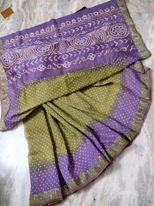 Purple & Olive Green Bandhani Saree