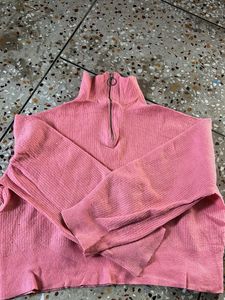 Pink Ribbed Quarter Zip Sweater