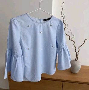 Zara Cute Pearl Embellished Bell Sleeve Top