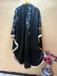 Elegant Black Kaftan with Blue Floral Embroidery