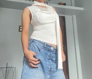 Sleek White Halter Neck Top with Scarf Detail
