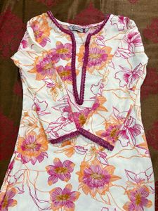 White Floral Printed Kurti for Women | Pink &amp; Oran