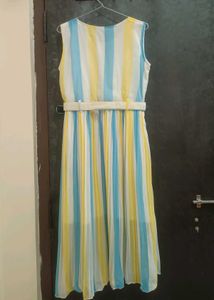 Striped Pleated Midi Dress with Belt