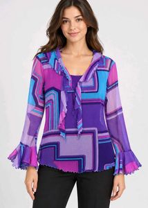 Vibrant Geometric Print Ruffle Blouse with inner