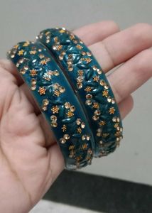 Teal & Gold Embellished Bangles (Set of 2)