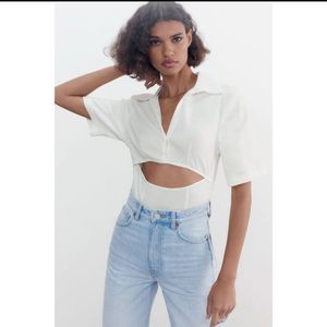 Zara White Linen-Blend Cutout Button-Up Bodysuit