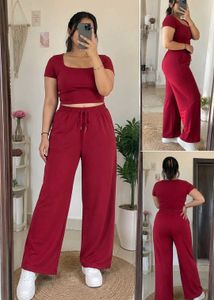 Maroon Crop Top and Palazzo Pants Set