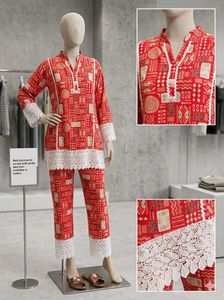 Red Block Print Kurta Set with Lace Trim