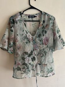 Sheer Floral Print V-Neck Top
