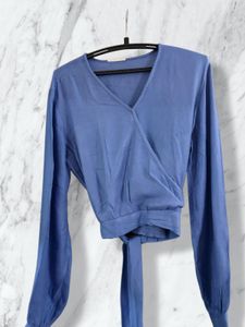 Blue Wrap V-Neck Long Sleeve Top