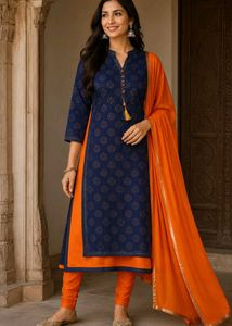 Elegant Navy Blue &amp; Orange Kurta Set