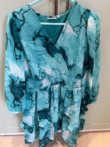 Blue Abstract Print Ruffle Dress