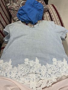 Chic Blue Striped Lace Trim Top