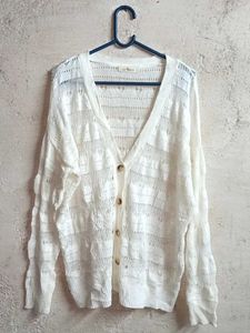 Sheer White Button-Up Cardigan Oversized