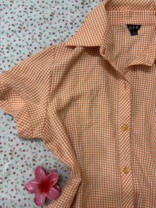 Cute Orange Gingham Button-Up Shirt