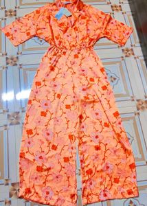 (Mango)Floral Printed Satin Jumpsuit