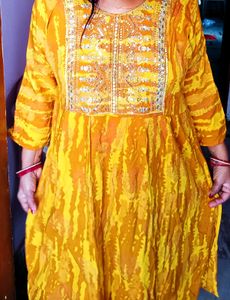 Yellow Tie-Dye Kurta with Embellished Neck