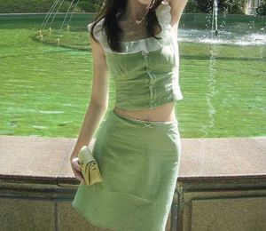 y2k Cute Green Gingham Mini Skirt Set