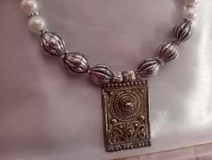 Pearl &amp; Silver Necklace With Grey Earrings