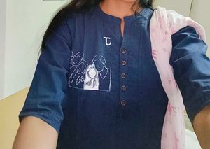 J initial denim kurti with caricature