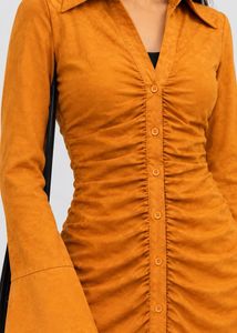 Orange Ruched Long Sleeve Dress