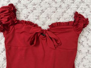 Chic Red Ruffled Bodysuit with Bow Detail