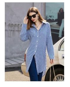 Blue Striped Oversized Tunic Shirt