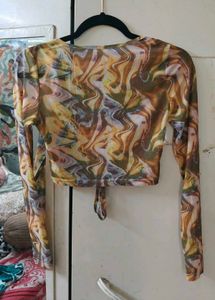 Mesh Ruched Tie Front Long Sleeve Top