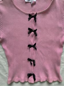 Cute Pink Ribbed Top with Bows