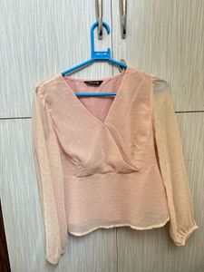 Chic Pink Polka Dot Wrap Blouse