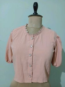 Elegant Peach Blouse with sparkly pearl button