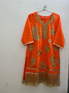 Bright Orange cord set with Gold Embroidery