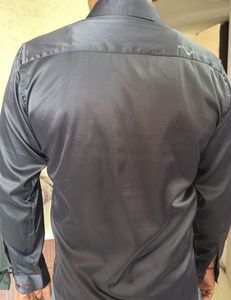 shining Men's Black Satin Button-Up Shirt