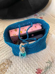 Blue Woven Tote Bag with Beaded Charm